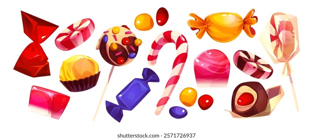 Candies set isolated on white background. Vector cartoon illustration of wrapped lollipops, chocolate sweets in foil, striped caramel cane, color bonbons, delicious holiday gift, confectionery goods