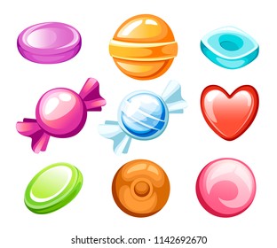 Candies set. Nine different cartoon style candies. Wrapped and not. Cute glossy sweets. Flat colorful tasty icons. Vector illustration isolated on white background.