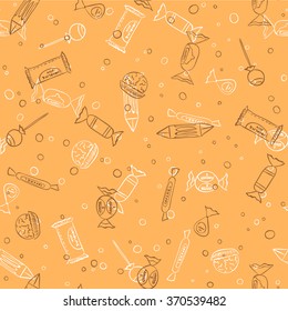 Candies silhouettes seamless pattern in sketch style vector. Caramel pastel colors. Hand drawn design.