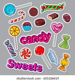 Candies Sweet Food Doodle. Stickers, Badges and Patch with Chocolates and Lollipop. Vector illustration
