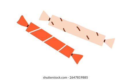 Candies, sweet treat in wrapper. Wrapped confection, long stick shape. Sugar snack, tasty yummy dessert in festive wrapping, holiday packaging. Flat vector illustration isolated on white background