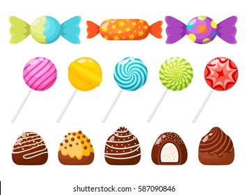 Candies, sweetmeats and assorted chocolates colorful lollipops. Sweets and candies icons set in modern flat style. Vector illustration