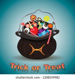 Candies and sweets in bag.Trick or Treat Halloween kettle.Vector  illustration EPS10 for greeting card, promotion, poster, flier, blog, article, social media. 