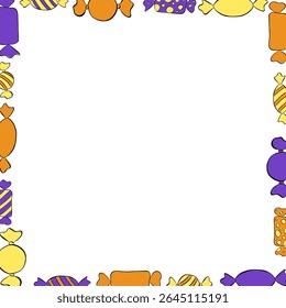 Candies sweets colored Frame square template. Vector graphic line ink illustration. Halloween Xmas border christmas and new year template. Design for package, cosmetic, textile, cards.
