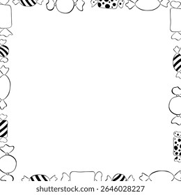 Candies sweets colored Frame square black and white template. Vector graphic line ink illustration. Halloween Xmas border christmas and new year template. Design for package, cosmetic, textile, cards