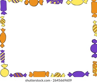 Candies sweets colored  rectangle Frame template. Vector graphic line ink illustration. Halloween Xmas border christmas and new year template. Design for package, cosmetic, textile, cards.

