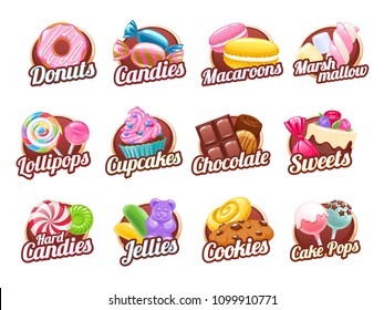 Candies and sweets colorful badges set. Assorted sweets - donut, cookie, marshmallow, candy cane, lollipop, chocolate, jelly, macaroon and marshmallow