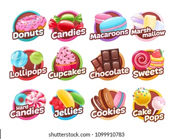 Candies and sweets colorful badges set. Assorted sweets - donut, cookie, marshmallow, candy cane, lollipop, chocolate, jelly, macaroon and marshmallow