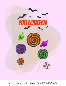 Candies and sweets for Halloween treats. Halloween lettering with flying bats on abstract background. Celebration, party concept. Vector illustration for invitation, banner or poster