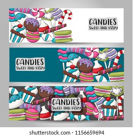 Candies and sweets horizontal banner template set.  Vector illustration.