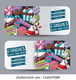 Candies and sweets horizontal banner template set.  Vector illustration.