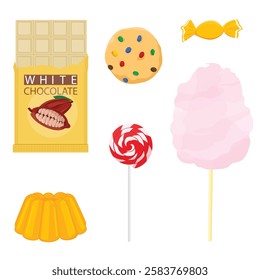 Candies and sweets сollection. Pink cotton candy, swirl lollipop on wooden stick, chocolate bar, yelly, caramel candy and chocolate cookie. Vector