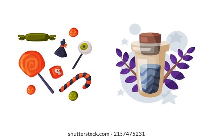 Candies, sweets and potion bottle. Witchcraft attributes, halloween objects cartoon vector illustration