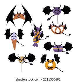 Candies and sweets with scarry halloween faces. Flat vector illustration