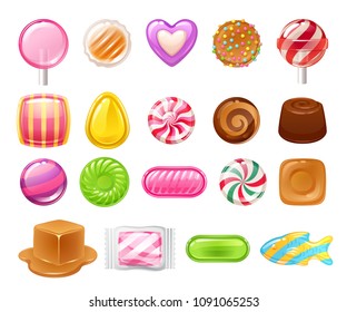 Candies sweets set on white background - hard candy, dragee, lollipop, toffee, jelly, peppermint candy, chocolate vector illustration