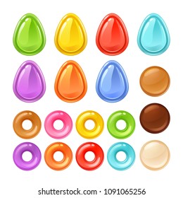 Candies sweets set on white background - colorful fruit candy drops and rings and chocolate dragee.
