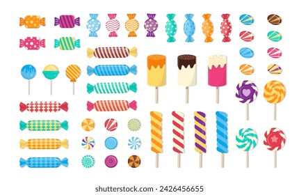 Candies and Sweets Vector Collection. Set of Colorful Candies, Lollipops, Sugar Caramel, and Twisted Marshmallows.