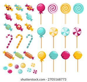 Candies and Sweets Vector Collection. Set of Colorful Candies, Lollipops, Sugar Caramel and Twisted Marshmallows