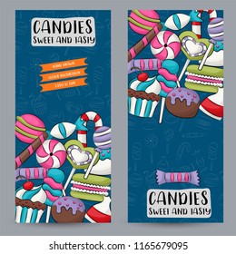 Candies and sweets vertical banner template set.  Vector illustration.