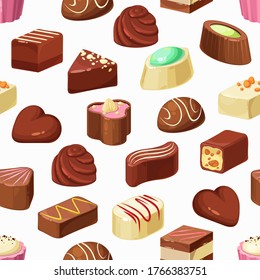 Candies vector seamless pattern of chocolate, truffle and praline desserts. Sweet food background of cocoa candies with nut, caramel and coffee cream fillings, nougat, fruit mousse and sugar icing