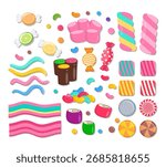 Candies Vector Set. Collection of Sweet Candies, Lollipops, Sugar Caramel, and Twisted Marshmallows. 