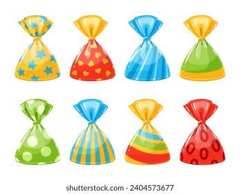 Candies in wrappers. Truffle bonbons in colorful patterned wrappers, chocolate products, halloween holiday, kids birthday presents. Trick or treat, confectionery isolated vector set