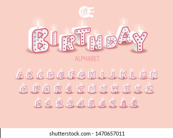 Candle 3D Sweet Duo Color Letters On A Pink Background. Set For Candy Bar. Font For Happy Birthday Celebration. Realistic Collection for Children's Party. Baby Shower. Muffin With Candle. Alphabet ABC svg