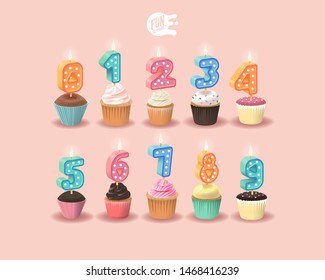 Candle 3D Sweet Numbers On A Pink Background. Set For Candy Bar. Font For Happy Birthday Celebration. Realistic Collection for Children's Party. Baby Shower. Muffin With Candle. 3D Sweet Alphabet svg