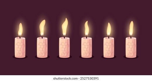 Candle animation. Stages of burning flame. Set of icons for video. Effect of moving fire. Christmas or holiday decoration. Vector illustration in cartoon style.