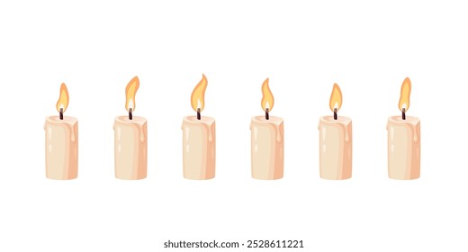 Candle animation. Steps of burning fire. Set of icons for video. Effect of moving flame. Christmas or holiday decoration. Vector illustration isolated on a white background in cartoon style.