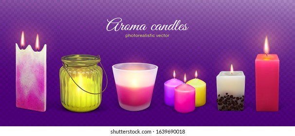 Candle aroma flaming realistic vector illustration. Wax aromatic candles set for spa relax therapy, romantic dates and religion holidays isolated on transparent violet background.