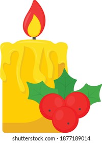 Candle and Berries Concept, Fire Flame Wax with Red Fruit Vector Color Icon Design, Merry Christmas Symbol on white background, New Year Celebration Sign,