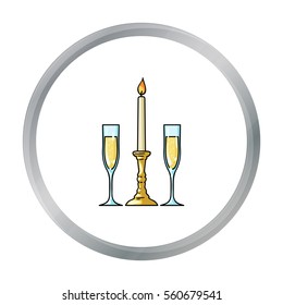Candle between glasses with champagne icon in cartoon style isolated on white background. Restaurant symbol stock vector illustration.