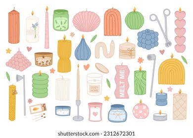 Candle big set. Decorative wax candles for relax and spa. Home design, interior, light concept. Cartoon vector illustration.