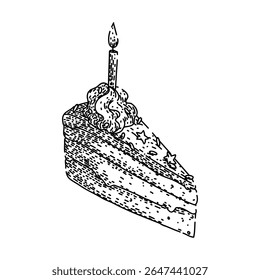 candle birthday cake piece hand drawn. celebration dessert, party layer, sweet flavor candle birthday cake piece vector sketch. isolated black illustration