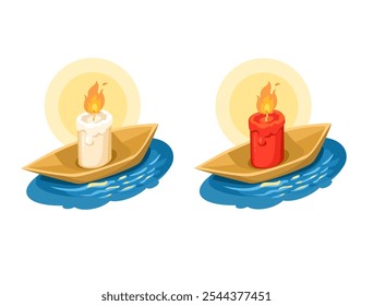 Candle Boat Float On Water Symbol For Chinese Ghost Festival Illustration Vector