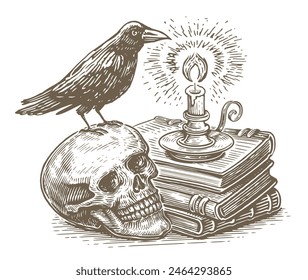 Candle and books with magic spells, human skull with raven sitting on it. Witchcraft, occult, esoteric, definition