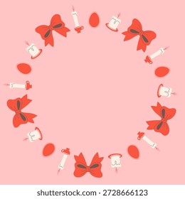 Candle Bow Easter Frame. Coquette Decorative circular border with ribbons, lace, candles, minimal icons, soft pastel colors, cozy festive mood, whimsical cartoon vector illustration.