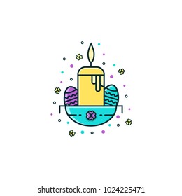 Candle in bowl with Easter ornate eggs - flat color line icon on isolated background. Traditional symbol of spring christian holiday vector illustration.