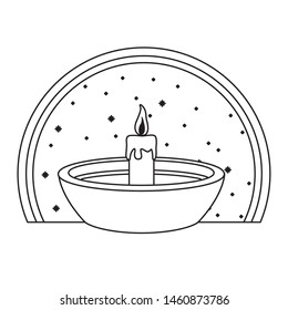 Candle in bowl at night cartoon on round emblem vector illustration graphic design