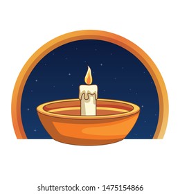 Candle in bowl at night cartoon on round emblem vector illustration graphic design