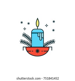 Candle in a bowl with pine branches. Flat color line icon of Christmas and New Year decoration for web and graphic design projects. Vector illustration 