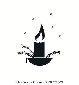 Candle in a bowl with pine branches, vector illustration.