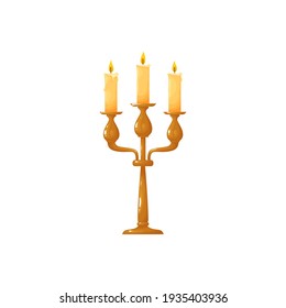 Candle in brass candlestick, bright burning flame isolated icon. Vector vintage decorative object, metal chandelier, melting wax paraffin in bronze sconce. Candle in wooden holder, realistic flame