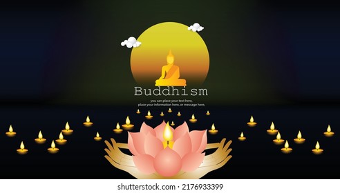 Candle and buddha statue, pink lotus flower with sunset yellow vector background. Vesak day banner architecture