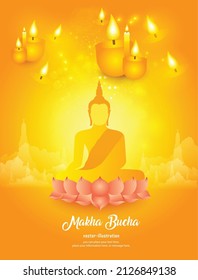 Candle and buddha statue sit the on pink lotus flower with temple shadow religion yellow vector background