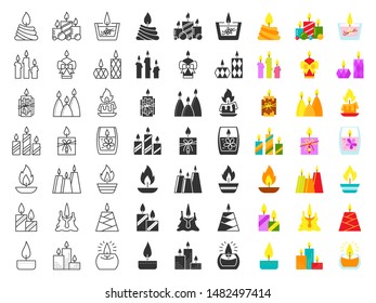 Candle bundle in line, flat, fill and glyph style. Black and color symbol flame. Light simple sign set. Cartoon outline pictogram clipart collection. Isolated icons, concept vector illustration