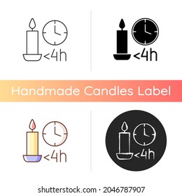 Candle burn time limit manual label icon. Prevent wax from overheating and melting. Letting candle cool. Linear black and RGB color styles. Isolated vector illustrations for product use instructions