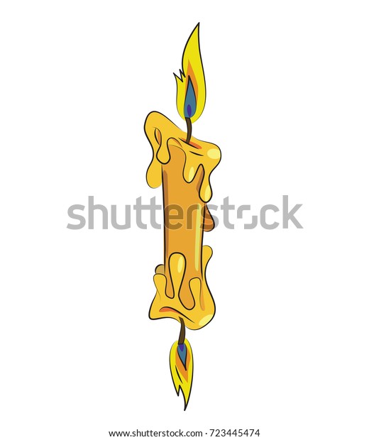 Candle burning at both ends, cartoon image.\
Artistic freehand\
drawing.