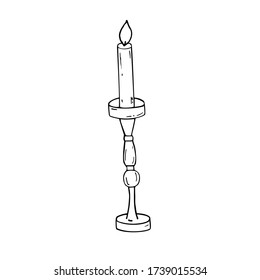 Candle burning, in a candlestick. Hand drawn vector Illustration, single object, isolated black on white background.